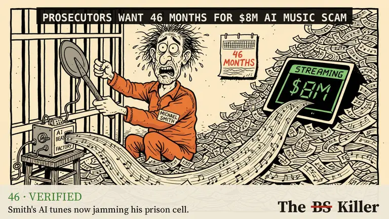 AI illustration for: Prosecutors want at least 46 months for the AI music streaming scam. The headline holds. The AI made the songs; bots made the plays.