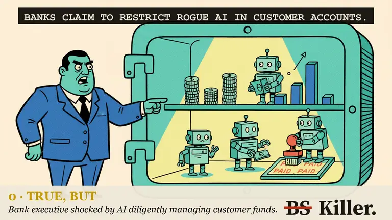 A guard blocks a robot at a bank vault while its owner waves from behind it.
