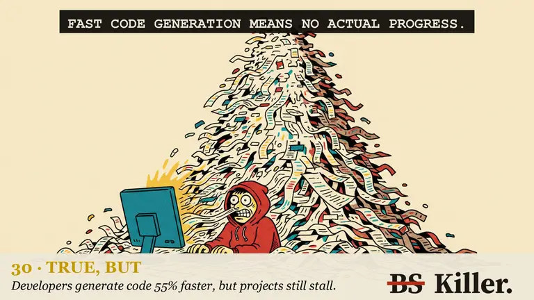 A developer at a desk beside a tall pile of paper pages, with a narrow doorway behind where a single reviewer sits.