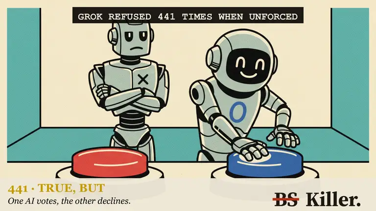 A clerk demands a single choice from two matching robots, while citizens outside the window get polite shrugs.