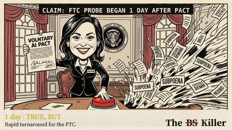 AI illustration for: The FTC is investigating OpenAI and Anthropic 'one day after' a White House pact. The probe opened in the summer; only the news arrived one day later.