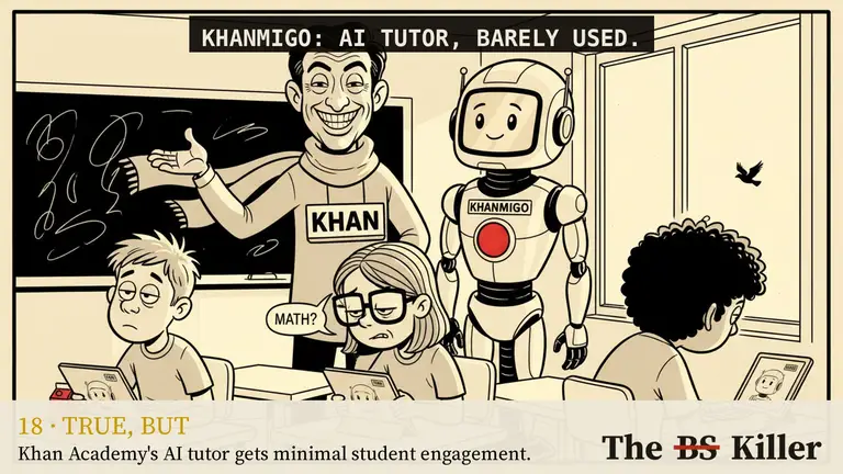 A student sits at a classroom desk with a small white robot on the desk, and a line graph on the wall that rises only a little.