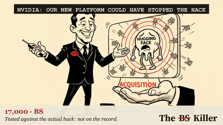 A man in a dark suit gestures toward a silver server rack, beside a red circle and slash over a bug.