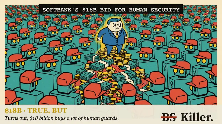 A tycoon at a shop window looks at a crowd of human guards under a blank price tag.