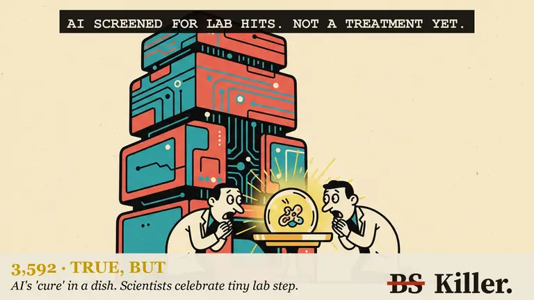 A scientist looks at a tiny lab dish while a crowd outside cheers a giant pill float.